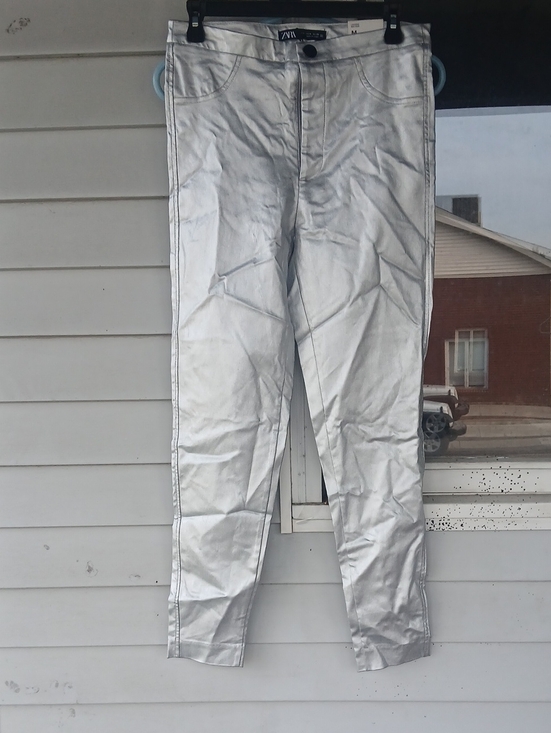 Zara Pants - Nwt Zara Silver Metallic Coated Mid Rise Leggings